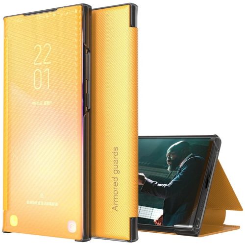 Samsung Galaxy M31 SM-M315F, Oldalra nyíló tok, stand, hívás mutatóval, kevlár minta, Wooze Smart View Cover Carbon, sárga