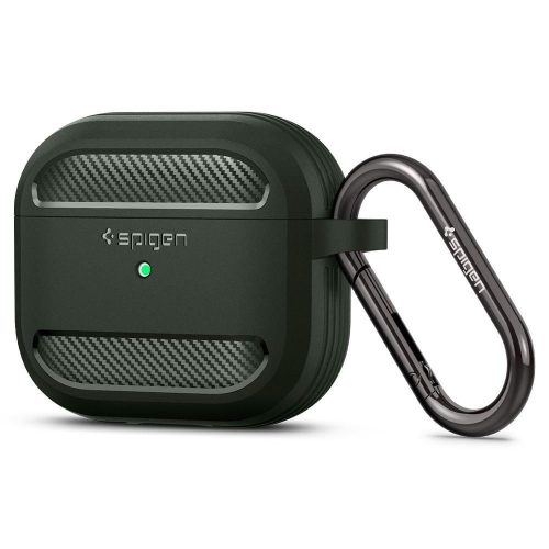Bluetooth fülhallgató töltőtok tartó, szilikon, vezeték nélküli töltés támogatás, karabiner, Apple AirPods 3 kompatiblis, Spigen Rugged Armor, zöld