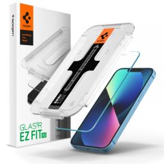   Apple iPhone 13 / 13 Pro / 14 / 16e, Kijelzővédő fólia, ütésálló fólia (az íves részre is!), Tempered Glass (edzett üveg), Spigen Ez Fit HD, Clear