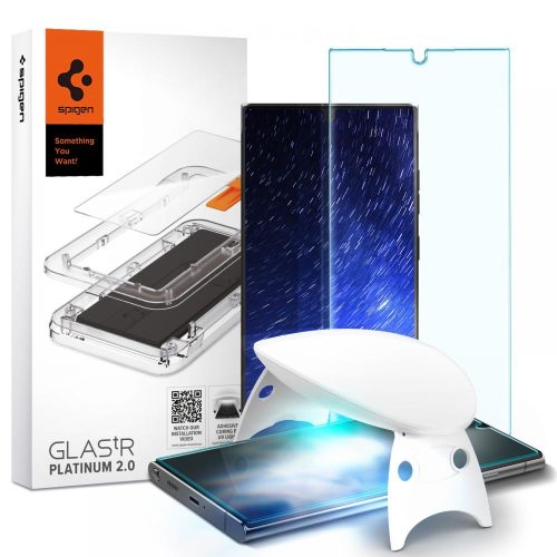 Samsung Galaxy S22 Ultra 5G SM-S908, Kijelzővédő fólia, ütésálló fólia (az íves részre is!), Tempered Glass (edzett üveg), Spigen Glastr Platinum, Clear