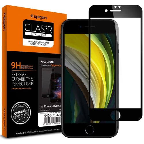 Apple iPhone 7 / 8 / SE (2020) / SE (2022), Kijelzővédő fólia, ütésálló fólia (az íves részre is!), Tempered Glass (edzett üveg), 3D Full Cover, Spigen Glastr Slim Full Cover, fekete