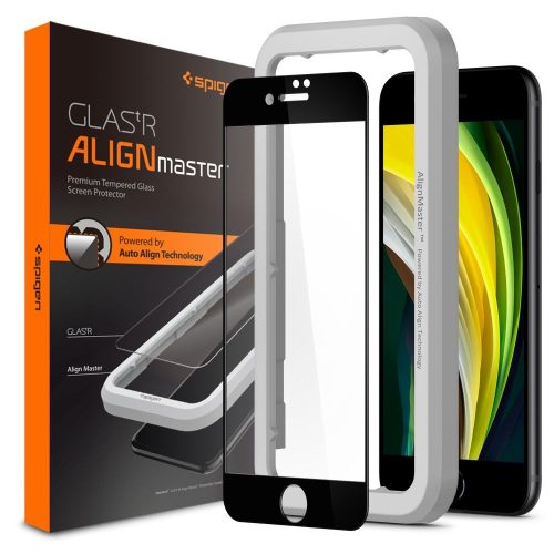 Apple iPhone 7 / 8 / SE (2020) / SE (2022), Kijelzővédő fólia, ütésálló fólia (az íves részre is!), Tempered Glass (edzett üveg), Full Cover, Spigen Glastr Alignmaster, fekete