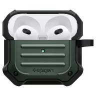   Bluetooth fülhallgató töltőtok tartó, szilikon, vezeték nélküli töltés támogatás, karabiner, Apple AirPods 3 kompatibilis, Spigen Tough Armor, sötétzöld