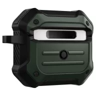   Bluetooth fülhallgató töltőtok tartó, szilikon, vezeték nélküli töltés támogatás, karabiner, Apple AirPods 3 kompatibilis, Spigen Tough Armor, sötétzöld