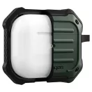 Bluetooth fülhallgató töltőtok tartó, szilikon, vezeték nélküli töltés támogatás, karabiner, Apple AirPods 3 kompatibilis, Spigen Tough Armor, sötétzöld