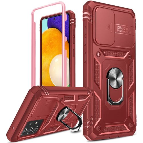 Apple iPhone 7 / 8 / SE (2020) / SE (2022), Műanyag hátlap védőtok és előlapi keret, szilikon belső, közepesen ütésálló, kamera védelem, telefontartó gyűrű, Wooze Military Armor, piros