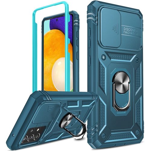 Apple iPhone 11 Pro Max, Műanyag hátlap védőtok és előlapi keret, szilikon belső, közepesen ütésálló, kamera védelem, telefontartó gyűrű, Wooze Military Armor, kék