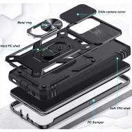   Apple iPhone 13 Pro, Műanyag hátlap védőtok és előlapi keret, szilikon belső, közepesen ütésálló, kamera védelem, telefontartó gyűrű, Wooze Military Armor, piros/rózsaszín