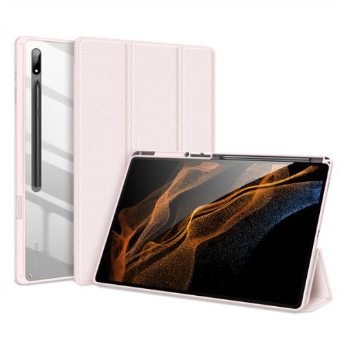 Samsung Galaxy Tab S8 Ultra 14.6 SM-X900 / X906, mappa tok, Trifold, légpárnás sarok, közepesen ütésálló, S-Pen tartóval, átlátszó hátlap, Dux Ducis Toby, rózsaszín