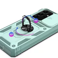   Apple iPhone 11 Pro Max, Műanyag hátlap védőtok és előlapi keret, szilikon belső, közepesen ütésálló, kamera védelem, telefontartó gyűrű, Wooze Military Armor, rózsaszín/zöld