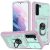 Apple iPhone 13 Pro, Műanyag hátlap védőtok és előlapi keret, szilikon belső, közepesen ütésálló, kamera védelem, telefontartó gyűrű, Wooze Military Armor, rózsaszín/zöld