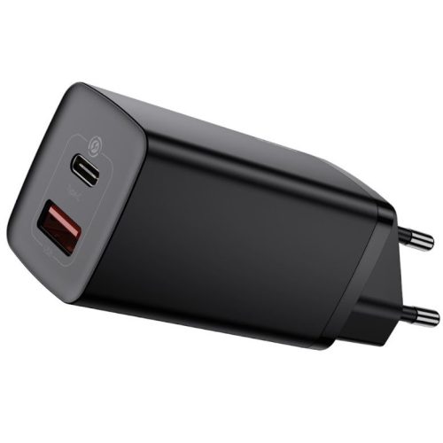 Hálózati töltő adapter, 65W, USB aljzat, USB Type-C aljzat, USB Type-C kábellel, gyorstöltés, PD 3.0, QC 3.0, Baseus, CCGAN2L-B01, fekete