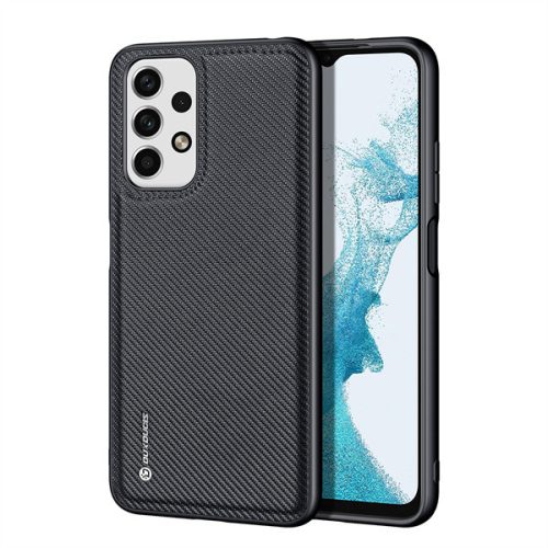 Samsung Galaxy A23 4G / A23 5G SM-A235F / A236U, Műanyag hátlap védőtok + szilikon keret, fényvisszaverő szövet hátlap, rács minta, Dux Ducis Fino, fekete