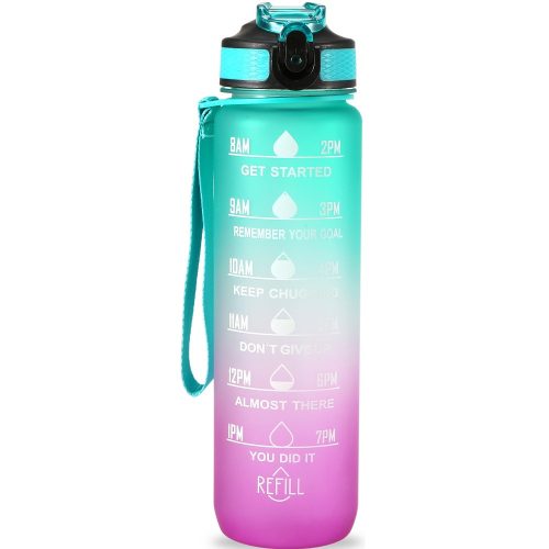 Prémium motivációs sport kulacs, idősáv, motivációs szöveg, kézpánttal, 1000 ml, színátmenetes, Wooze You Did It, zöld/lila