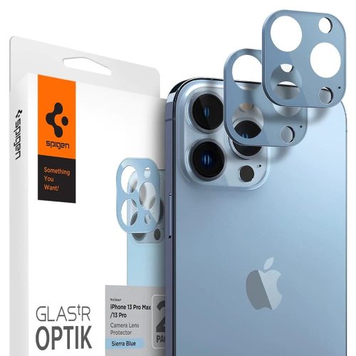 Apple iPhone 13 Pro / 13 Pro Max, Kamera lencsevédő fólia, ütésálló fólia, Tempered Glass (edzett üveg), Spigen Glastr Optik, kék, 2 db / csomag