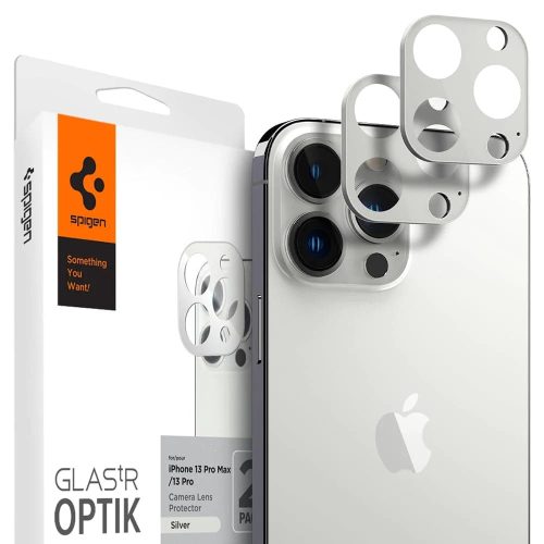 Apple iPhone 13 Pro / 13 Pro Max, Kamera lencsevédő fólia, ütésálló fólia, Tempered Glass (edzett üveg), Spigen Glastr Optik, ezüst, 2 db / csomag