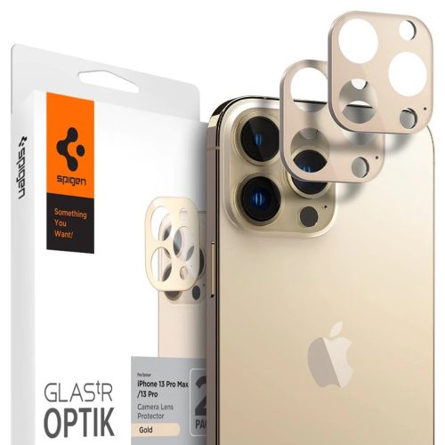 Apple iPhone 13 Pro / 13 Pro Max, Kamera lencsevédő fólia, ütésálló fólia, Tempered Glass (edzett üveg), Spigen Glastr Optik, arany, 2 db / csomag