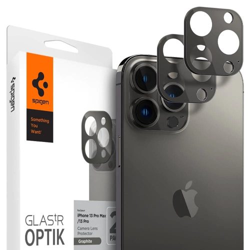 Apple iPhone 13 Pro / 13 Pro Max, Kamera lencsevédő fólia, ütésálló fólia, Tempered Glass (edzett üveg), Spigen Glastr Optik, szürke, 2 db / csomag