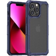   Apple iPhone 13 Pro Max, Szilikon keret + műanyag hátlap tok, közepesen ütésálló, légpárnás sarok, karbon minta, átlátszó/kék