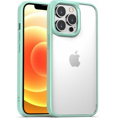 Apple iPhone 13 Pro Max, Szilikon keret + műanyag hátlap tok, közepesen ütésálló, megerősített sarok, átlátszó/világoszöld
