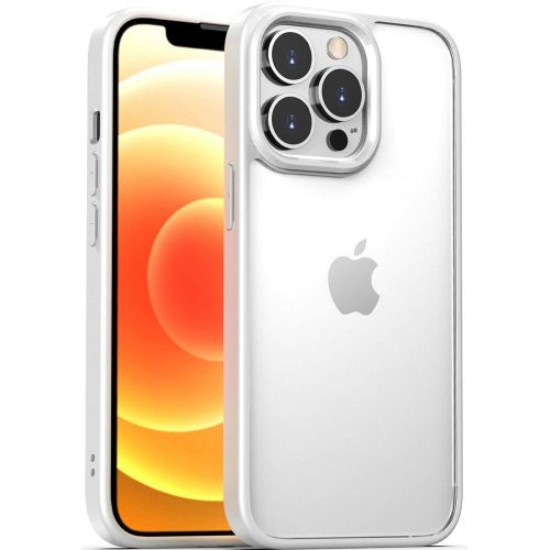 Apple iPhone 14, Szilikon keret + műanyag hátlap tok, közepesen ütésálló, megerősített sarok, átlátszó/fehér