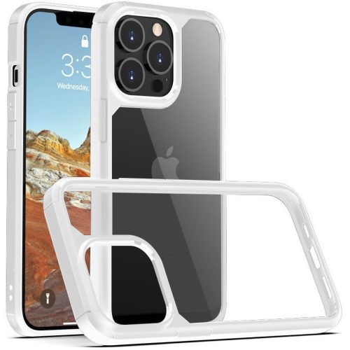 Apple iPhone 14 Pro, Szilikon keret + műanyag hátlap tok, közepesen ütésálló, légpárnás sarok, Hybrid Armor, átlátszó/fehér