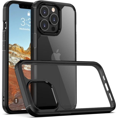 Apple iPhone 12 / 12 Pro, Szilikon keret + műanyag hátlap tok, közepesen ütésálló, légpárnás sarok, Hybrid Armor, átlátszó/fekete