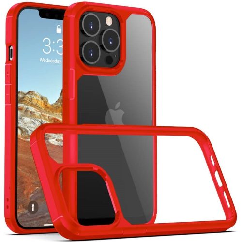 Apple iPhone 11 Pro Max, Szilikon keret + műanyag hátlap tok, közepesen ütésálló, légpárnás sarok, Hybrid Armor, átlátszó/piros