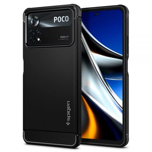 Xiaomi Poco X4 Pro 5G, Szilikon tok, Spigen Rugged Armor, karbon minta, fekete
