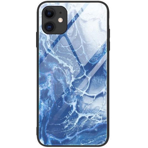 Apple iPhone 14 Pro Max, Szilikon védőkeret, edzett üveg hátlap, márvány minta, Wooze FutureCover, kék