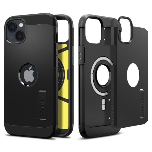 Apple iPhone 14 Plus, Szilikon tok + műanyag hátlap, Magsafe töltővel kompatibilis, kitámasztóval, Spigen Tough Armor Mag, fekete