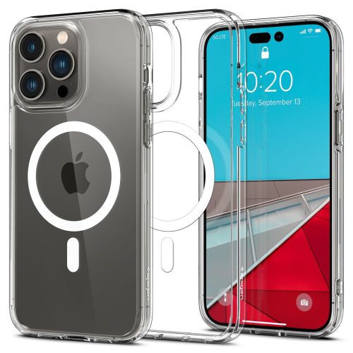 Apple iPhone 14 Pro, Műanyag hátlap védőtok + szilikon keret, Magsafe töltővel kompatibilis, karbon minta, Spigen Ultra Hybrid Mag, átlátszó/mintás