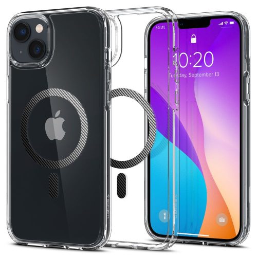Apple iPhone 14, Műanyag hátlap védőtok + szilikon keret, Magsafe töltővel kompatibilis, karbon minta, Spigen Ultra Hybrid Mag, átlátszó/mintás
