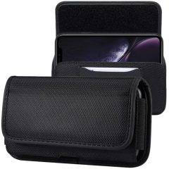   Univerzális tok, fekvő, övre csíptethető, fűzhető, kártyatartóval, Apple iPhone 13 Mini méret, Oxford, Model-2, fekete