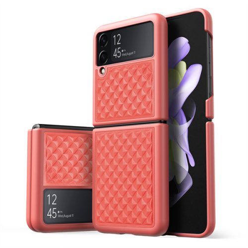 Samsung Galaxy Z Flip4 SM-F721B, Műanyag hátlap védőtok, valódi bőr hátlap, rombusz minta, Dux Ducis Venice, rózsaszín