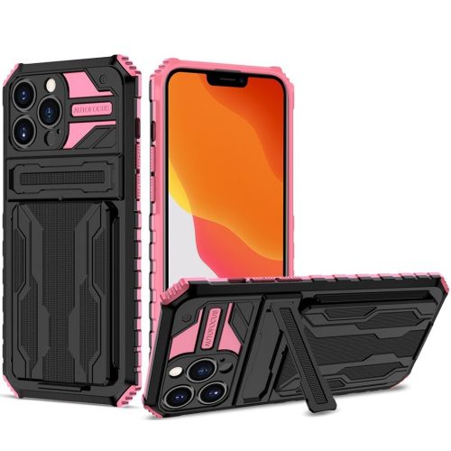 Apple iPhone 14 Plus, Műanyag hátlap védőtok szilikon belső, közepesen ütésálló, kitámasztóval, kártyatartóval, Wooze Transformer, fekete/rózsaszín