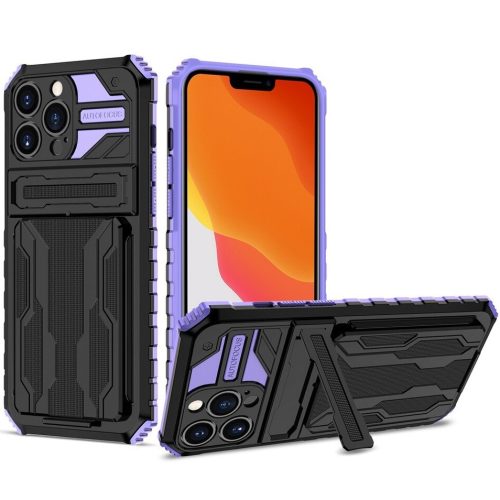 Apple iPhone 14 Pro Max, Műanyag hátlap védőtok szilikon belső, közepesen ütésálló, kitámasztóval, kártyatartóval, Wooze Transformer, fekete/lila