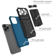   Apple iPhone 14 Pro Max, Műanyag hátlap védőtok szilikon belső, közepesen ütésálló, kitámasztóval, kártyatartóval, Wooze Transformer, fekete/lila