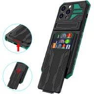   Apple iPhone 14 Pro Max, Műanyag hátlap védőtok szilikon belső, közepesen ütésálló, kitámasztóval, kártyatartóval, Wooze Transformer, fekete/piros