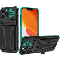   Apple iPhone 14 Pro Max, Műanyag hátlap védőtok szilikon belső, közepesen ütésálló, kitámasztóval, kártyatartóval, Wooze Transformer, fekete/zöld