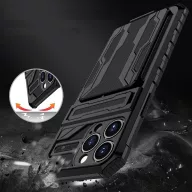   Apple iPhone 14 Pro Max, Műanyag hátlap védőtok szilikon belső, közepesen ütésálló, kitámasztóval, kártyatartóval, Wooze Transformer, fekete/zöld