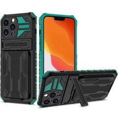   Samsung Galaxy A03 Core SM-A032F, Műanyag hátlap védőtok szilikon belső, közepesen ütésálló, kitámasztóval, kártyatartóval, Wooze Transformer, fekete/zöld