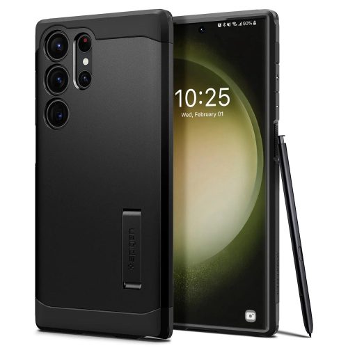 Samsung Galaxy S23 Ultra SM-S918, Szilikon tok + műanyag hátlap, kitámasztóval, Spigen Tough Armor, fekete