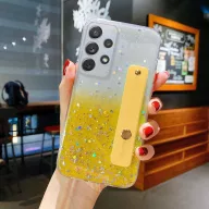   Apple iPhone 12 Mini, Szilikon tok, közepesen ütésálló, kézpánttal, színátmenetes, csillogó minta, Wooze Strap Star, mintás/sárga