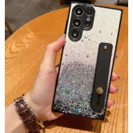   Apple iPhone 14 Plus, Szilikon tok, közepesen ütésálló, kézpánttal, színátmenetes, csillogó minta, Wooze Strap Star, mintás/fekete
