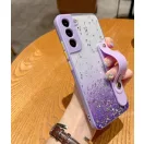 Apple iPhone 14 Plus, Szilikon tok, közepesen ütésálló, kézpánttal, színátmenetes, csillogó minta, Wooze Strap Star, mintás/lila