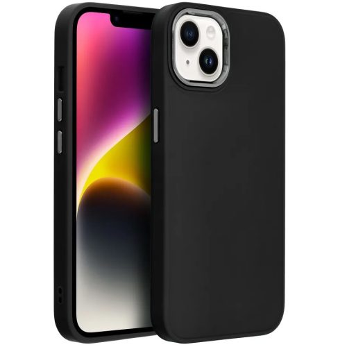 Apple iPhone 14, Szilikon tok, közepesen ütésálló, fémhatású kamera keret, Frame Case, fekete