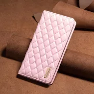   Realme 9i / Oppo A36 / A76 / A96 4G, Oldalra nyíló tok, stand, kártyatartóval, 3D rombusz minta, Wooze Pillow, rózsaszín