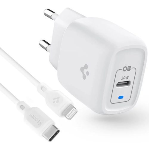 Hálózati töltő adapter, 20W, USB Type-C aljzat, USB Type-C - Lightning kábellel, gyorstöltés, PD, Spigen PE2C10CL, fehér