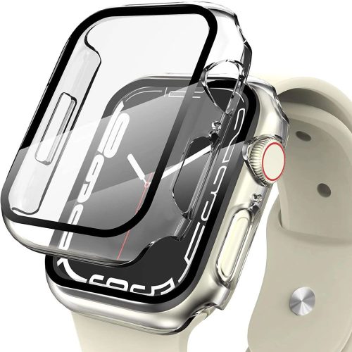 Apple Watch 7-8 (41mm), Műanyag védőkeret, kijelzővédő üveggel, szíj nélkül, TP Defense360, átlátszó